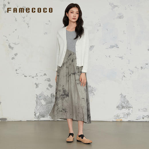 Famecoco原创V领短款开身毛衫文艺风简约针织衫春秋款FAB6DE011 商品图1