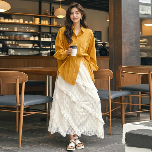 【复古拼接斜纹蕾丝半身裙】女早春白色松紧腰显瘦网纱a字长裙蛋糕裙 商品图3