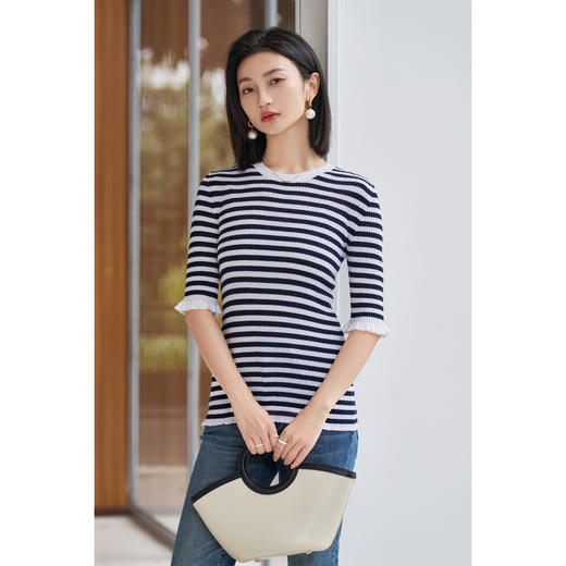 米思阳2025夏季新款休闲感修身条纹T恤舒适羊毛圆领百搭上衣女1031 商品图1