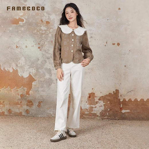 Famecoco原创设计感娃娃领外套衬衣文艺上衣灯笼袖通勤FAB6AB006 商品图3