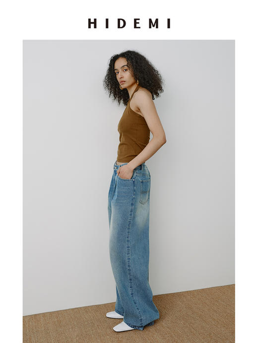 HIDEMI 多重水洗牛仔蓝做旧感中腰大阔腿单宁牛仔裤 商品图6