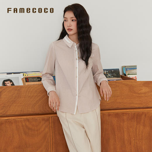 Famecoco范可儿衬衫纯棉条纹刺绣开身衬衣撞色拼接通勤女春秋款 商品图2