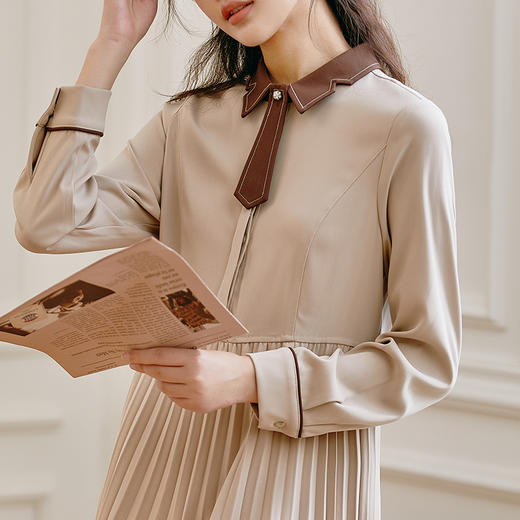 Famecoco范可儿优雅通勤衬衫裙女士秋季长袖修身垂感复古过膝长裙F225FA017 商品图4