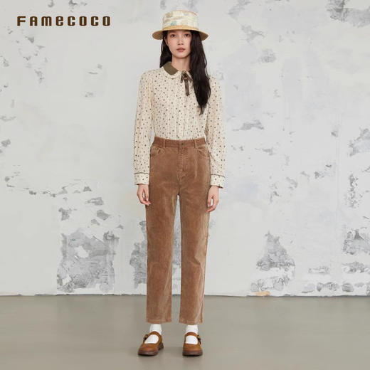 Famecoco范可儿复古百搭灯芯绒直筒显瘦长裤拼接腰头FAB6GA021 商品图1