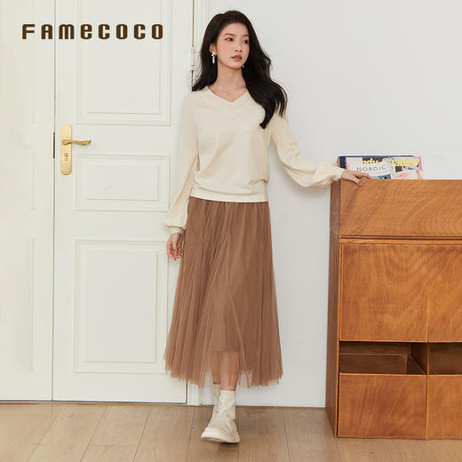 Famecoco半身裙松紧腰A字双层拼接长款摆裙通勤FAB6HA003 商品图3