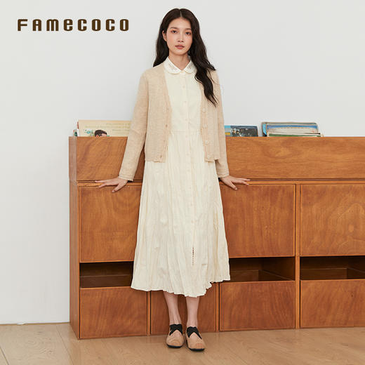 Famecoco原创V领短款开身毛衫文艺风简约针织衫春秋款FAB6DE011 商品图3