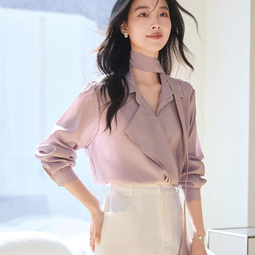 VICTORIA&VERA春季“轻轻香芋”系列chic法式气质款飘带荷叶层次不透肉衬衫 商品图2