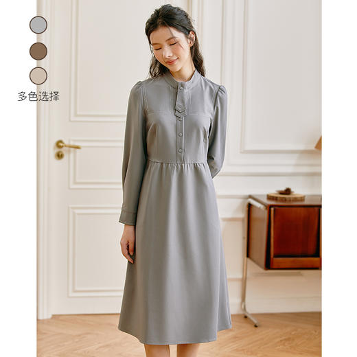 Famecoco范可儿原创立领衬衫裙女士秋季长袖a字正肩小众过膝长裙F225FA020 商品图0