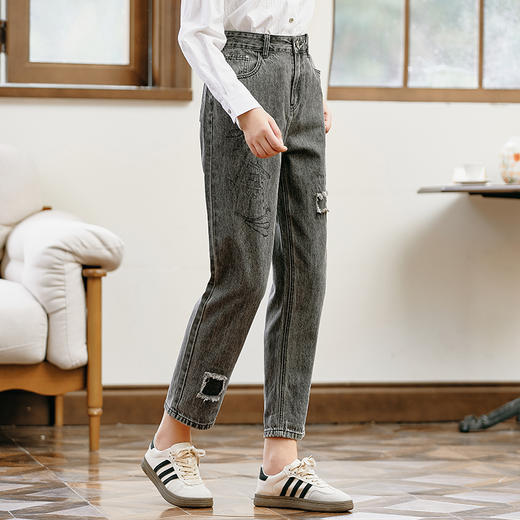 Famecoco范可儿兔子印花纯棉牛仔裤女秋季撞色直筒裤F225GA013 商品图1