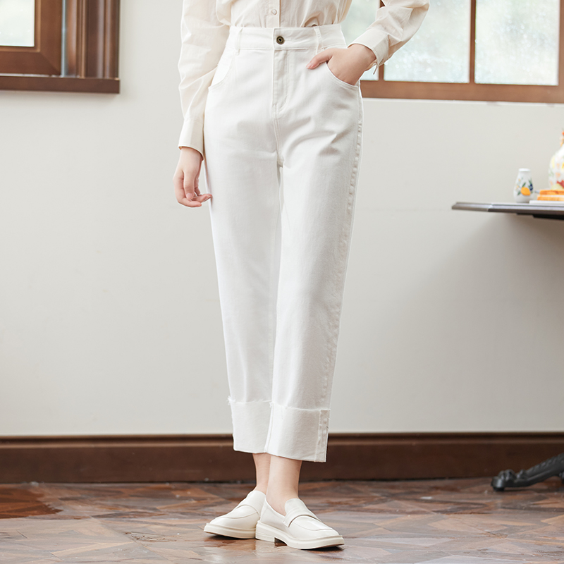 Famecoco范可儿白色纯棉休闲裤女纯色百搭长裤F225GA016