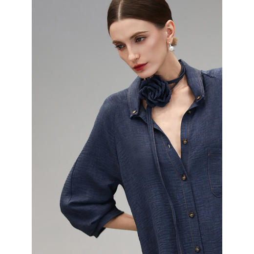 COCOBELLA牛仔色褶皱肌理长袖连衣裙复古高智感衬衫裙FR0062 商品图1