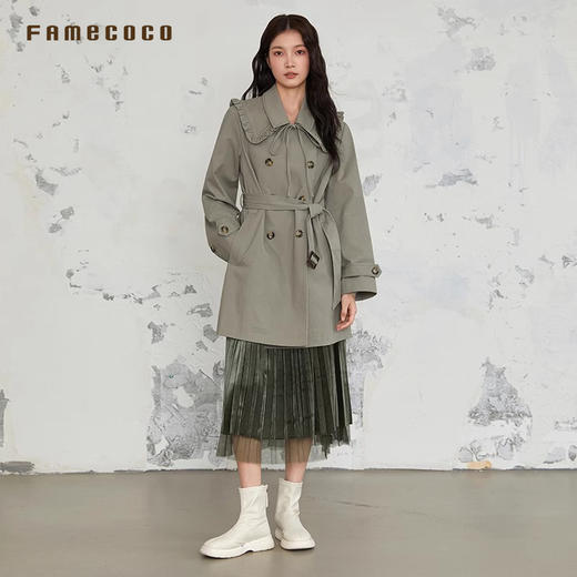 Famecoco商场同款风衣棉质长款双排扣外套花边领通勤春FAB6AA001 商品图3