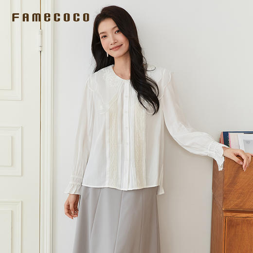 Famecoco原创文艺范衬衫花边蝴蝶领开身刺绣春秋款FAB6BH007 商品图0