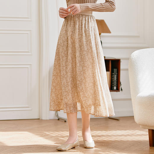Famecoco范可儿女士气质碎花半身裙秋季松紧腰a字垂感半身长裙 商品图1
