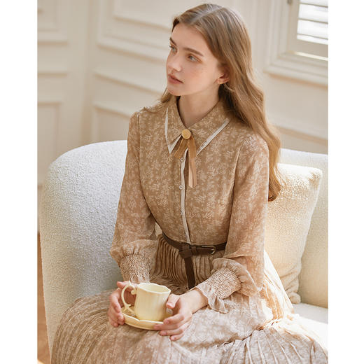 famecoco雪纺碎花连衣裙女士秋季长袖收腰衬衫裙长款F225FA011 商品图4