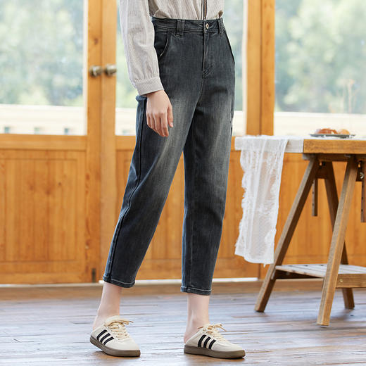 Famecoco范可儿复古直筒牛仔裤女士秋季磨破做旧休闲长裤 商品图1