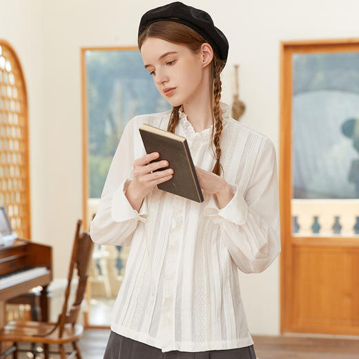 FAMECOCO范可儿衬衫纯棉木耳立领文艺通勤长袖衬衣女F225BH001 商品图2