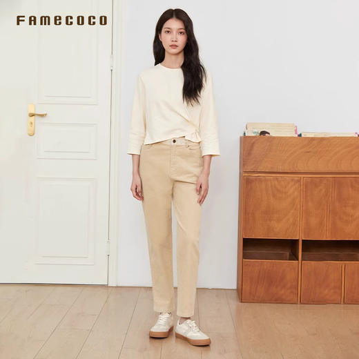 Famecoco文艺范自然腰腰头拼接刺绣修身直筒长裤春秋款FAB6GA022 商品图3