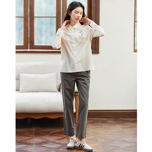 famecoco范可儿全棉松紧腰女士休闲裤秋款撞色直筒休闲通勤长裤F225GA007 商品图4