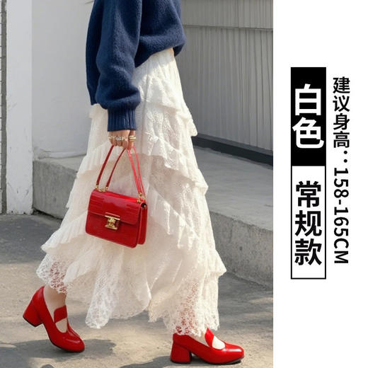 【复古拼接斜纹蕾丝半身裙】女早春白色松紧腰显瘦网纱a字长裙蛋糕裙 商品图6