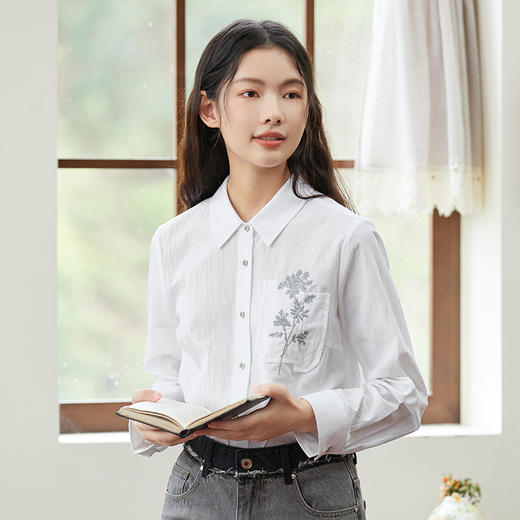 Famecoco范可儿原创绣花全棉衬衫女士秋季长袖白衬衣 商品图3
