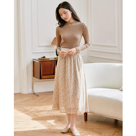 Famecoco范可儿女士气质碎花半身裙秋季松紧腰a字垂感半身长裙 商品图3