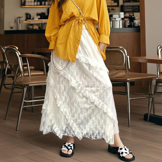 【复古拼接斜纹蕾丝半身裙】女早春白色松紧腰显瘦网纱a字长裙蛋糕裙 商品图2