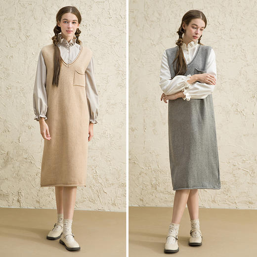 Famecoco范可儿韩版连衣裙春款新宽松休闲V领羊毛背带裙 商品图4