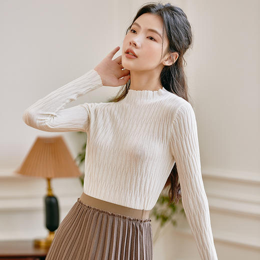 famecoco范可儿针织衫半高领套头文艺长袖通勤女装内搭上衣春季款D221DB300 商品图1