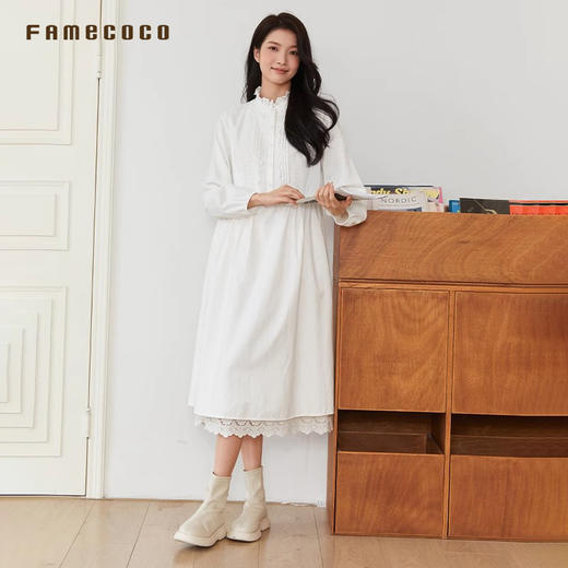 Famecoco原创文艺范连衣裙高腰法式花边唯美春款FAB6FA016 商品图1