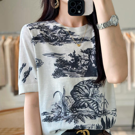 丁摩 夏季新款半袖羊毛+桑蚕丝针织衫女百搭半袖圆领减龄洋气上衣5ZF-2330 商品图3