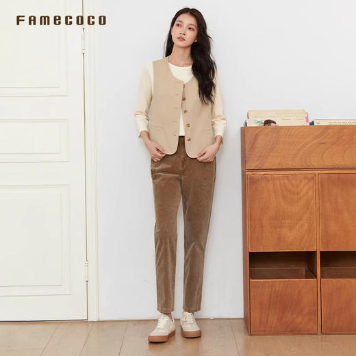 Famecoco文艺范自然腰腰头拼接刺绣修身直筒长裤春秋款FAB6GA022 商品图1