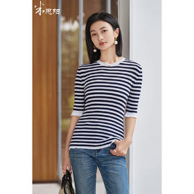 米思阳2025夏季新款休闲感修身条纹T恤舒适羊毛圆领百搭上衣女1031