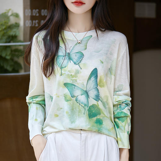 丁摩 超细水溶精纺羊毛衫女新款圆领套头长袖针织打底衫宽松显瘦印花5ZF-3302 商品图3