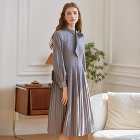 Famecoco范可儿原创小众衬衫裙女士秋款长袖系带领收腰百褶衬衫裙F225FA013