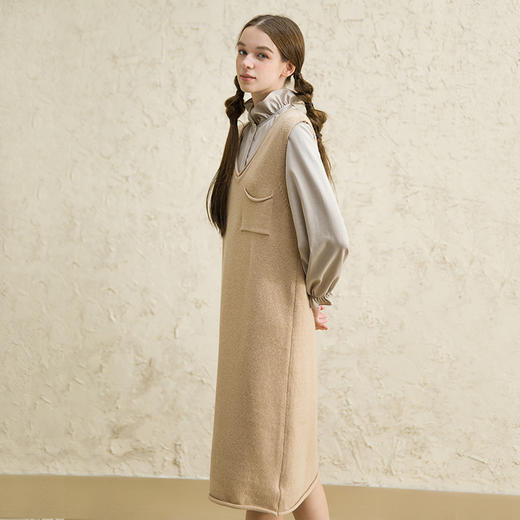 Famecoco范可儿韩版连衣裙春款新宽松休闲V领羊毛背带裙 商品图1