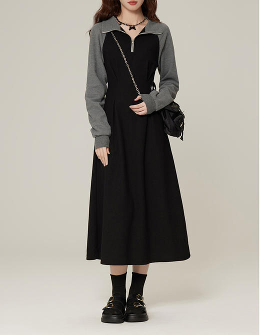 裁缝学院AQ434新款Polo领休闲连衣裙女高级感显瘦气质收腰长袖卫衣裙 商品图1