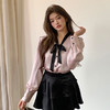 西遇法式粉色衬衫女2025年新款缎面泡泡袖系带v领开衫上衣SS150142 商品缩略图4