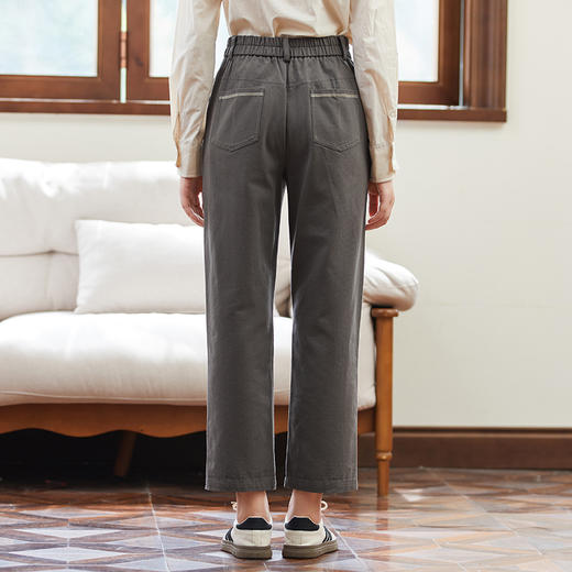famecoco范可儿全棉松紧腰女士休闲裤秋款撞色直筒休闲通勤长裤F225GA007 商品图3