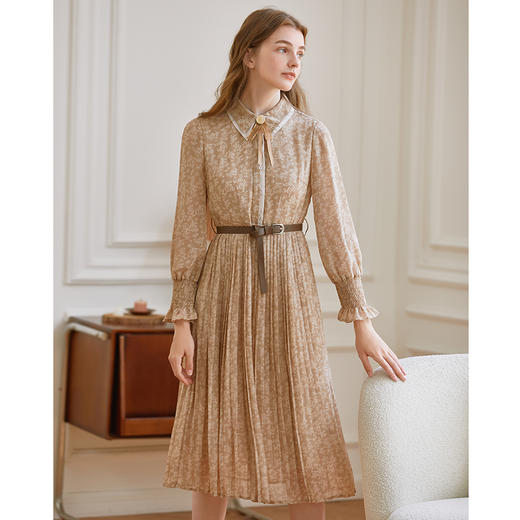 famecoco雪纺碎花连衣裙女士秋季长袖收腰衬衫裙长款F225FA011 商品图3