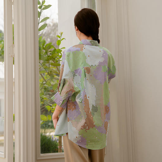 谜底大廓形衬衫女2025夏季新款原创印花七分袖宽松衬衣256MC6015 商品图2