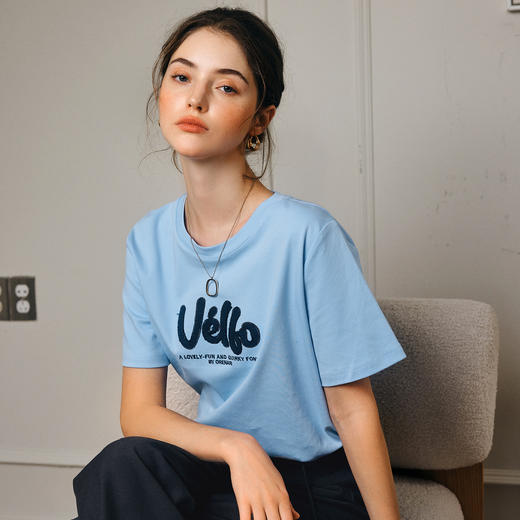 OLrain欧芮儿2025春夏新款字母绣蓝色T恤女宽松短袖刺绣圆领上衣 商品图3