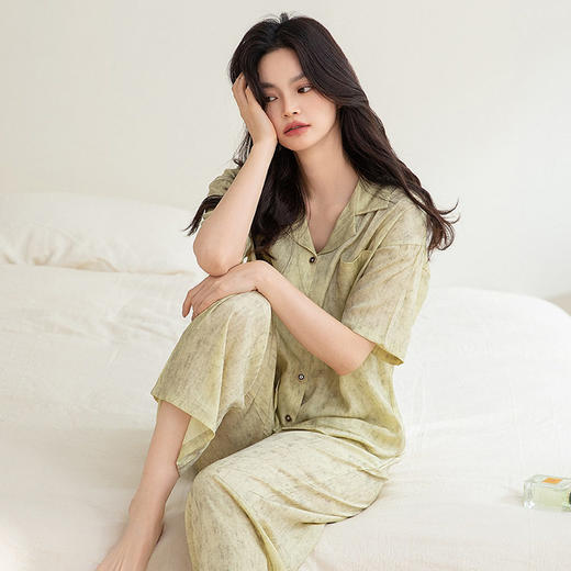 夏季睡衣女士短袖长裤仿真丝薄款开衫家居服冰雪丝翻领套装外穿   JL-TMZ2566 商品图1