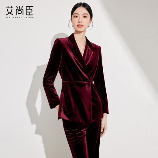 艾尚臣酒红丝绒西装外套女秋冬季显瘦修身新款高级感年会西服套装 商品图2