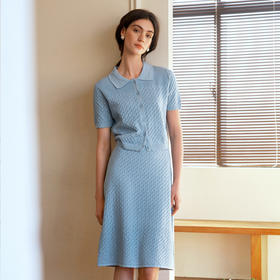 OLrain欧芮儿2025春季蓝色法式通勤镂空毛针织裙气质两件套装裙