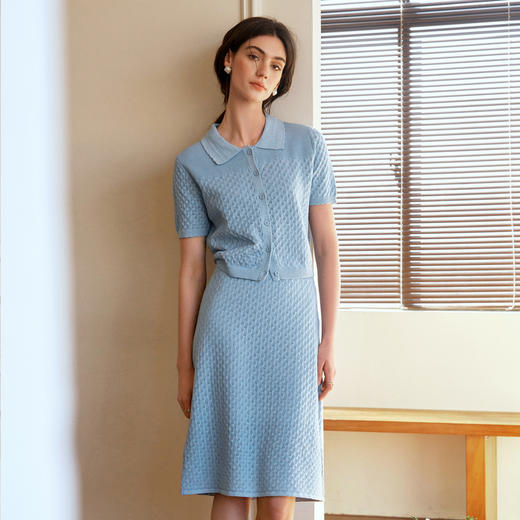 OLrain欧芮儿2025春季蓝色法式通勤镂空毛针织裙气质两件套装裙 商品图0