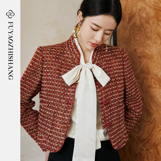 FUYAO扶摇 红色彩呢精纺羊毛短外套女春季编织立领经典小香风上衣 商品图1