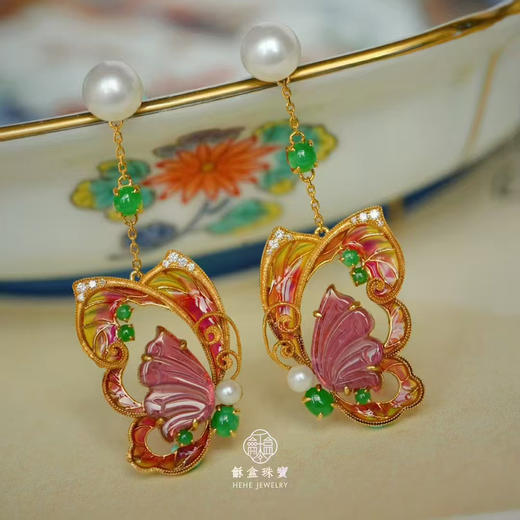 龢盒原创 蝶引芬芳  9k金镶翡翠碧玺蝴蝶耳坠 商品图0