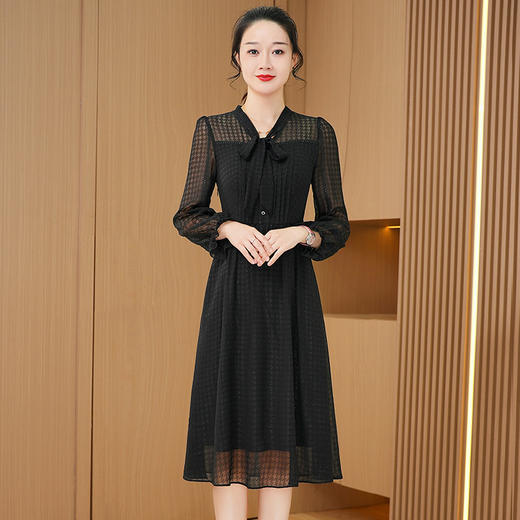 春秋妈妈气质长袖纯黑裙子中长款连衣裙QYM-DL0282 商品图3