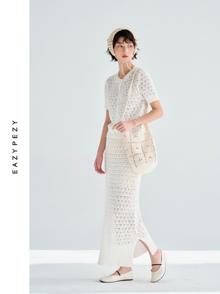 长绒棉特种纱线钩花短袖半裙套装